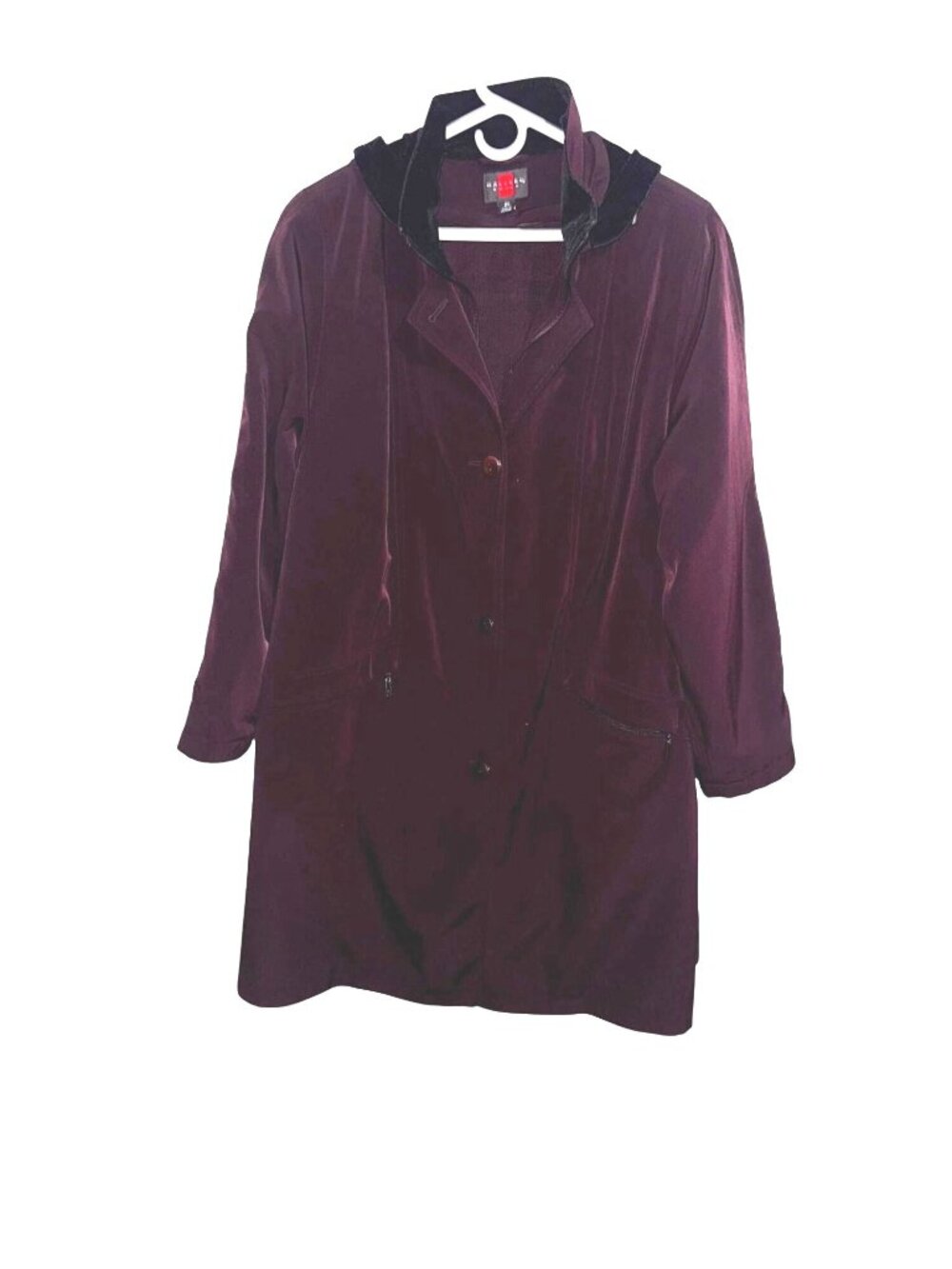 Gallery Woman Hooded Burgundy Coat 2X With Zipper & Button Closure Polyester Nyl - Picture 1 of 11